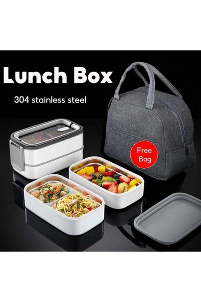 Generic Stainless Steel Lunch Box:1400ml Double Layer 3 Grid Microwave-Safe B...