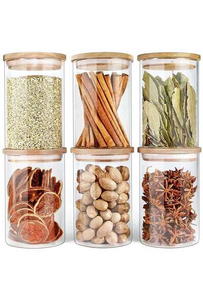 Generic Set of 6 Glass Food Jars with Airtight Natural Bamboo Lids 750Ml Cani...