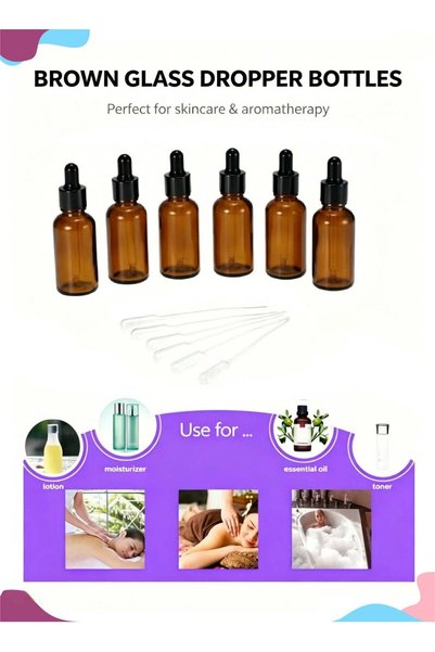 Generic 6Pcs 30ml Glass Empty Refillable Amber Glass Essential Oil Bottle Via...