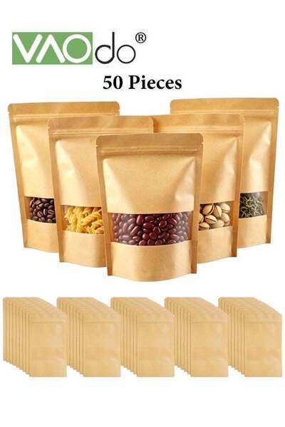 Generic 50PCS Kraft Bags with Clear Window, Resealable Bags Stand Up Pouches ...