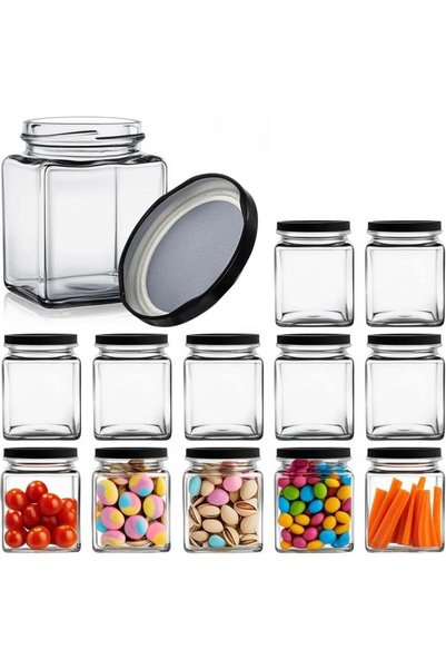 Generic Square Glass Storage Jars with Black Airtight Lids, (Pack of 12) Kitc...