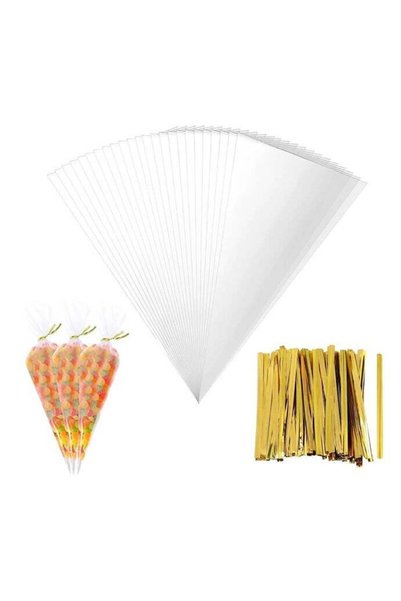 Generic 100 Pcs Clear Plastic Cone Shaped Treat Bags with 100 Twist Ties for ...