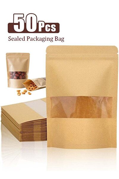 Generic "50 pcs Kraft Bags with Clear Window, Resealable Bags Stand Up Pouche...