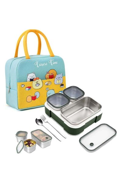 Generic 720ml Stainless Steel Lunch Box with 3 Compartments, Carry Bag and 3-...