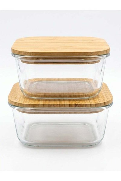 Generic Set of 2 - 800ml High Borosilicate Glass Food Container with Natural ...