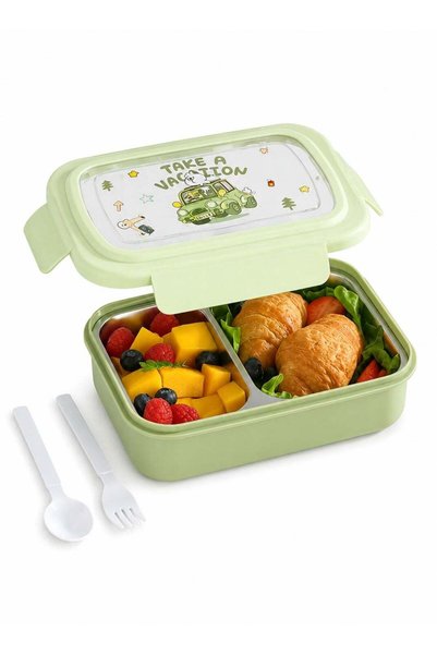 Generic Stainless Steel Lunch Box with 3 Compartments, Spoon & Fork, Leakproo...