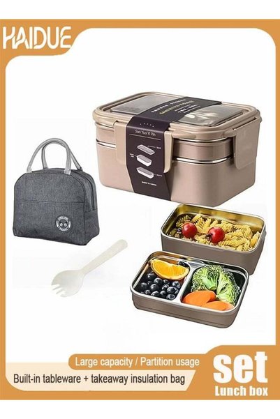 Generic Bento Box, Stainless Steel Double Layer Lunch Box with Spoon and Fork...