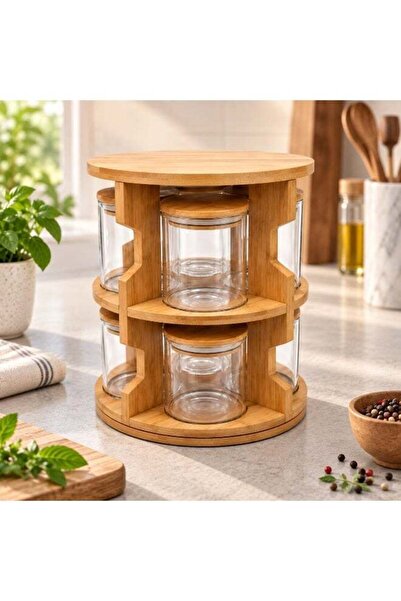 Generic 8 Pcs Round Glass Storage Jars with 2-Tier Wooden Rack, Kitchen Organ...
