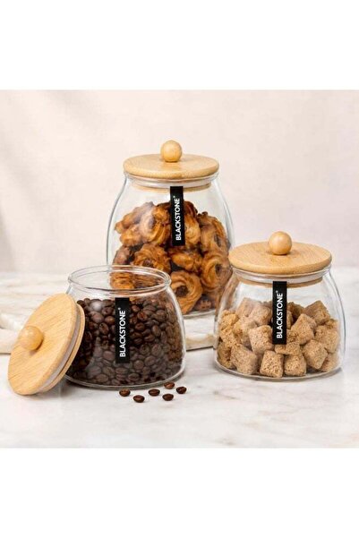 Generic BLACKSTONE Glass Storage Jar Set 3 Piece with Bamboo Lids, Airtight B...