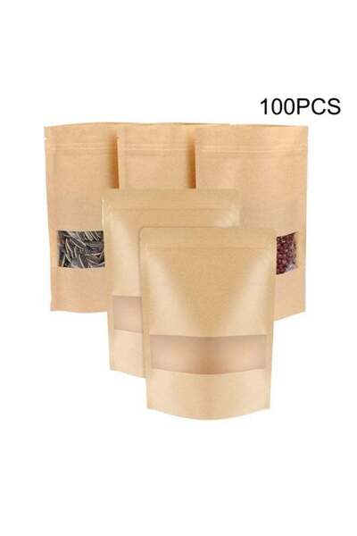 Generic 100 Pcs Kraft Stand Up Pouches Resealable Zip Lock Food Storage Bags ...