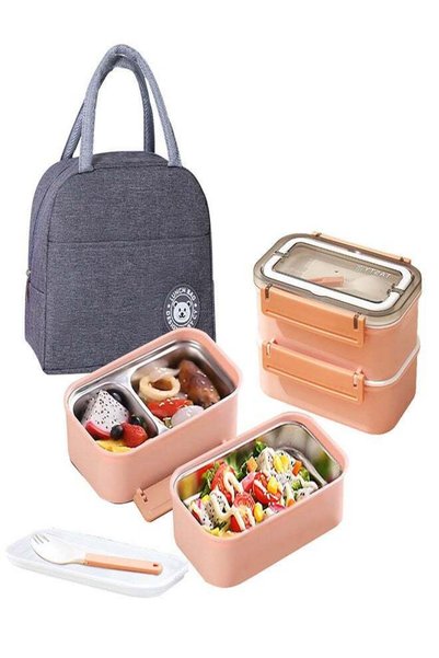Generic 304 Stainless Steel Double Layer Insulated Portable Lunch Box Bento B...