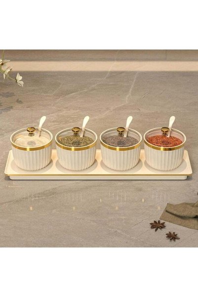 Generic 4 Pack Gold Condiment Spice Jars with Lids, Spoons, Tray - Plastic Se...