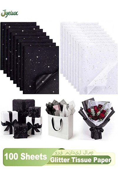 Generic 100 Sheets Tissue Paper 20 x 14 Inch Black and White Glitter Tissue P...