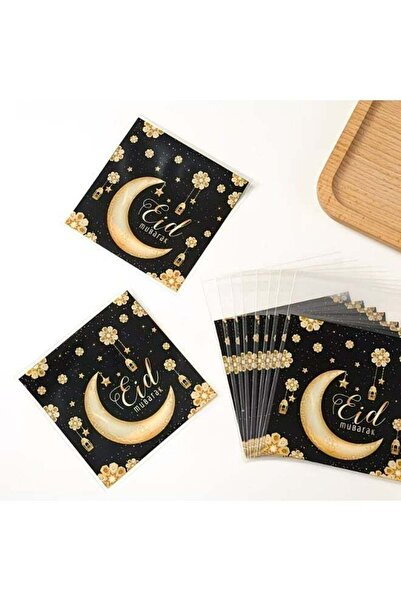 Generic 50pcs Eid Black & Gold Self-Sealing Candy Bags, Crescent Moon, Lanter...