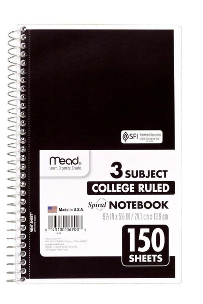 Generic Mead Spiral Notebook, College Ruled, 3 Subject, 150 Sheets White pape...