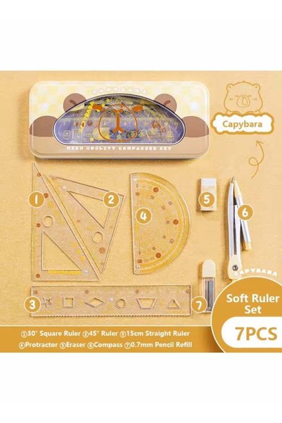 Generic 7-piece cartoon transparent ruler set, including pencil, compass, pro...