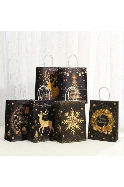 Generic 6pcs Christmas Gift Bags, Kraft Paper with Holiday Designs (Black & G...