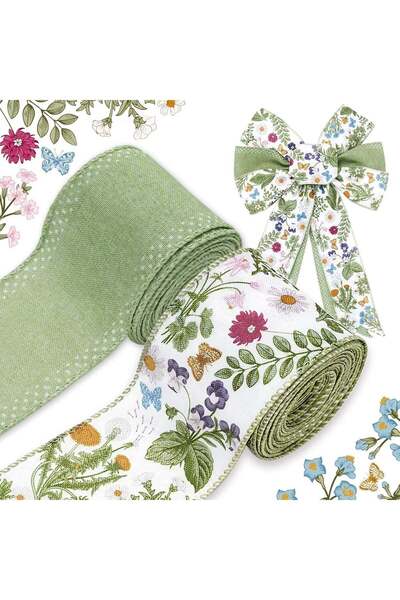 Generic 2 Rolls Sage Green Wildflowers Wired Ribbon - (6.4cm Wide x 5 Yards E...