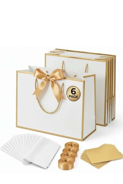 Generic 6-Pack Luxury Small/Medium White Gift Bags with Gold Trim (28×10×20 c...