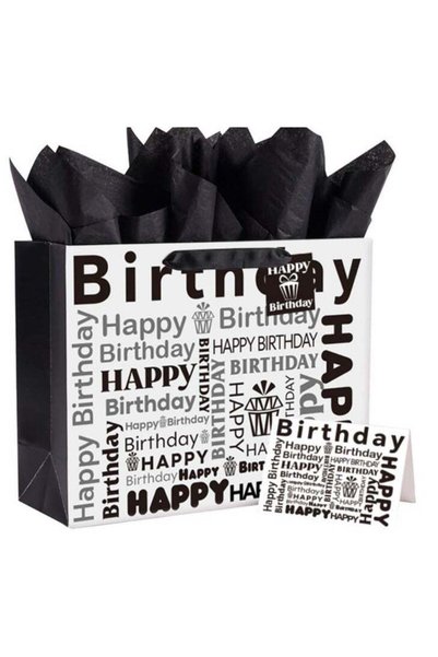 Generic Birthday Gift Bag, Black And White Happy Birthday Gift Bag With Handl...
