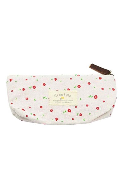 Generic Floral Canvas Pencil Pen Case Off White/Red