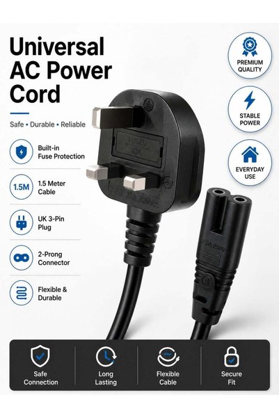 Generic 2-Prong AC Power Cord Cable with Fuse, 1.5M Replacement Power Cable C...