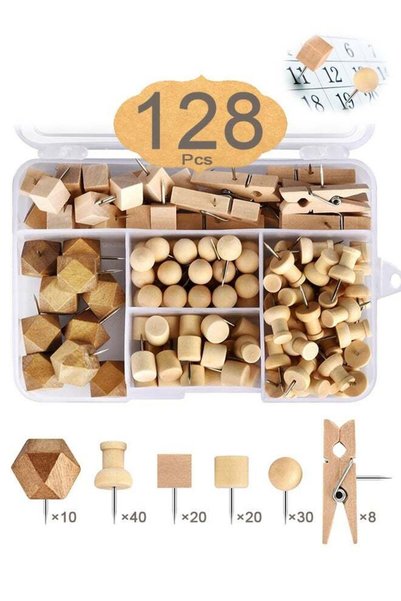 Generic 128 Pcs 6 Styles Wood Push Pins Decorative Thumbtacks with Storage Bo...