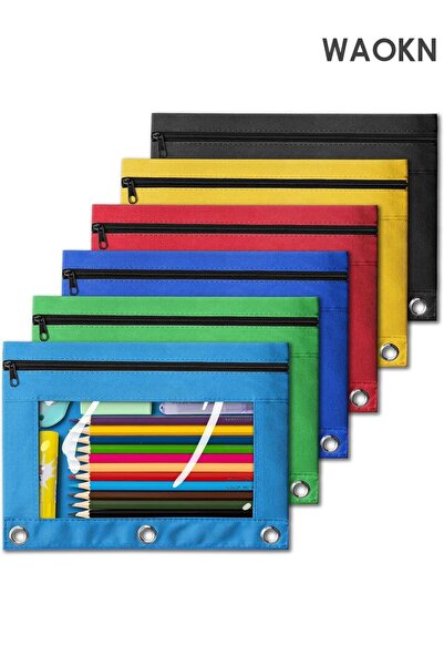 Generic Pencil Pouch for 3 Ring Binder, Bulk 6 Pack 3-Holes Zipper Pencil Pou...