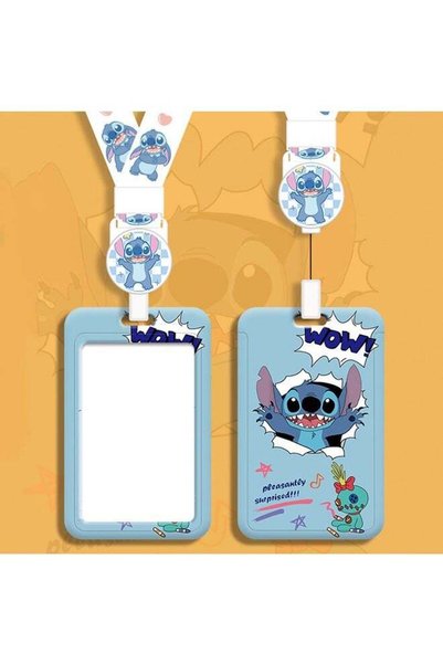 Generic Blue Stitch Cartoon ID Card Holder with Retractable Lanyard, Badge Ho...