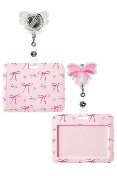 Generic Cute Pink Bow Coquette ID Badge Set, Horizontal Name Tag Holder + Ret...