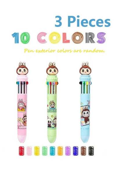 Generic 3-pack of multi-colored ballpoint pens, LABUBU-shaped 10-in-1 colorfu...