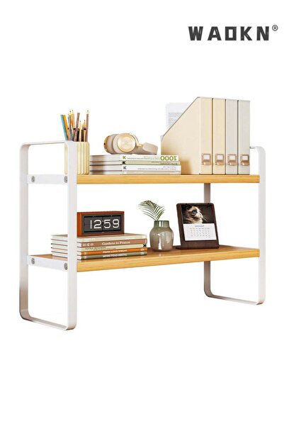 Generic Double layer yellow pear wood+white frame Storage Rack Wooden Desk Ra...