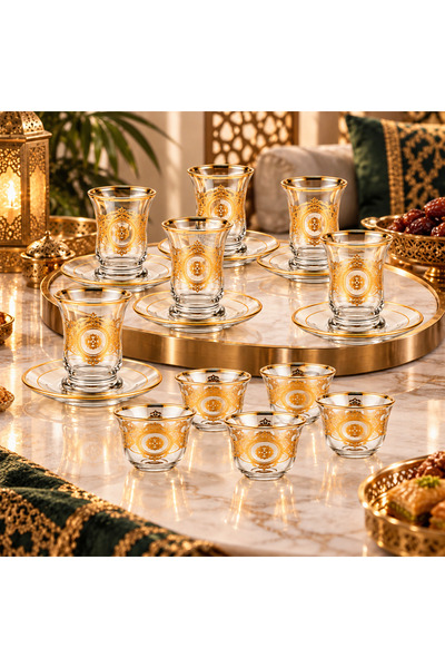 Byblos Saudi Arabia 18Pcs Glass Tea Coffee Set Gold Decal Luxury 6 Tea Cups w...