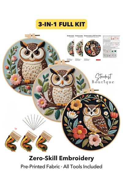 Generic 3-in-1 Owl Embroidery DIY Starter Kit with 20cm Bamboo Hoop, Stamped ...
