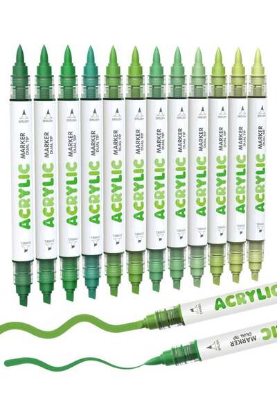 Generic Guangna 12 Green Dual Tip Acrylic Paint Markers, Brush Tip & Chisel T...