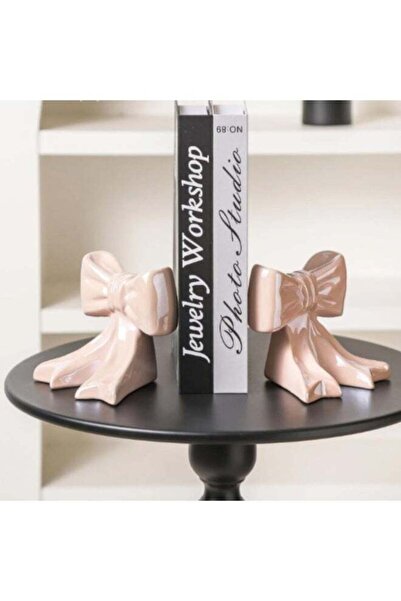 Generic 2-Piece Bow Design Ceramic Bookends, Pink Decorative Book Holder with...
