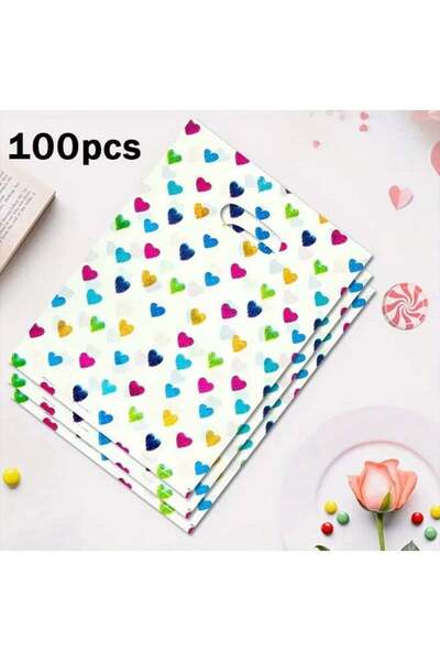 Generic 100pcs Colorful Heart Print Plastic Gift Bags - Durable White Party F...