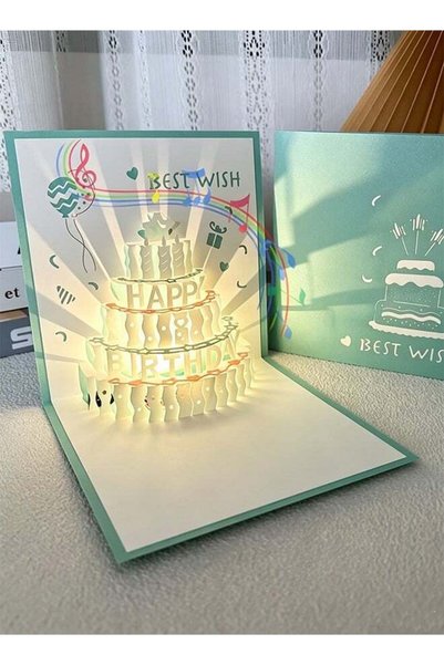 Generic 3D Pop-Up Birthday Card with LED Light, Happy Birthday Cake Design, B...