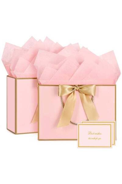 Generic 2pcs Pink Gift Bag Set,Paper Bags with Ribbon, Greeting Cards and Tis...