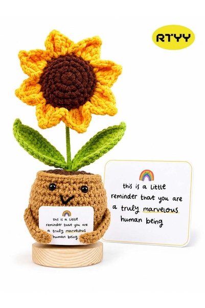 Generic Crochet Sunflower Plant with Encouragement Card & Wooden Base, Handma...