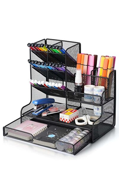 Generic Stylish Metal Mesh Desk Organizer with Drawer & File Rack - Black Iro...