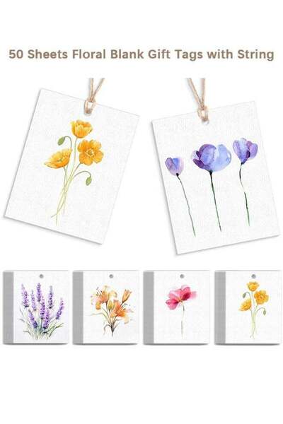 Generic 50 Set Floral Blank Gift Tags with String, 2x3 in Watercolor Flower P...