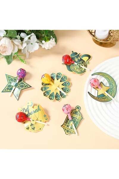 Generic 48PCS Eid Mubarak Lollipop Holder Cards – White, Green & Gold Moon St...