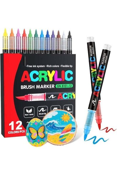 Generic Acrylic Paint Markers Brush Tip, 12 Vivid Colors with Direct-Liquid I...