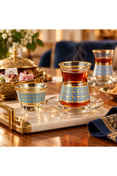 Byblos 18-Piece Luxurious Turkish Tea and Coffee Set for 6 People - Transpare...