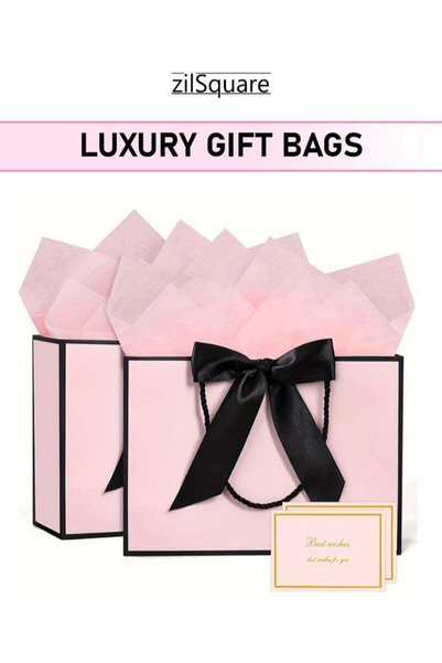Generic Luxury 2Pcs Large Light Pink Gift Bag with Black Satin Ribbon Bow, Ro...