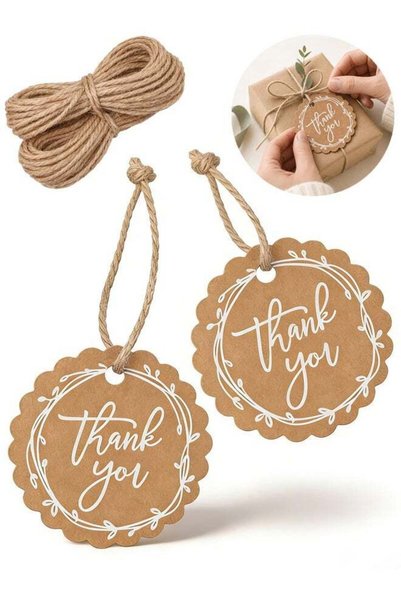 Generic 50 Pcs Thank You Tags with String, Round Brown Paper Thank You Gift T...