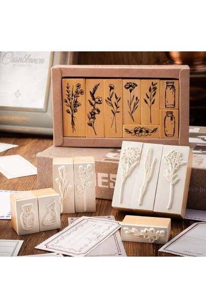 Generic Wooden Stamp Set (8 Vintage Botanical Designs), Ideal for DIY scrapbo...