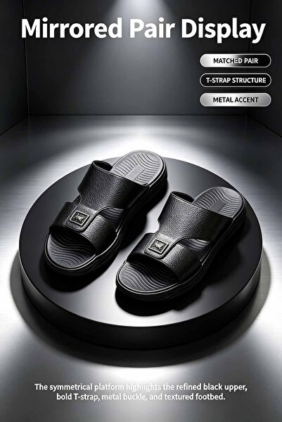 Al Masheel Store Men's T-Strap Leather Slide Sandals – Grainy Upper with Meta...