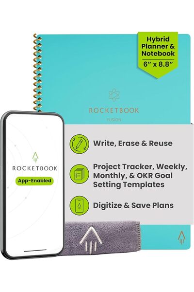 Rocketbook مفكرة ودفتر ملاحظات، فيوجن: مفكرة ودفتر ملاحظات ذكيان قابلان لإعاد...